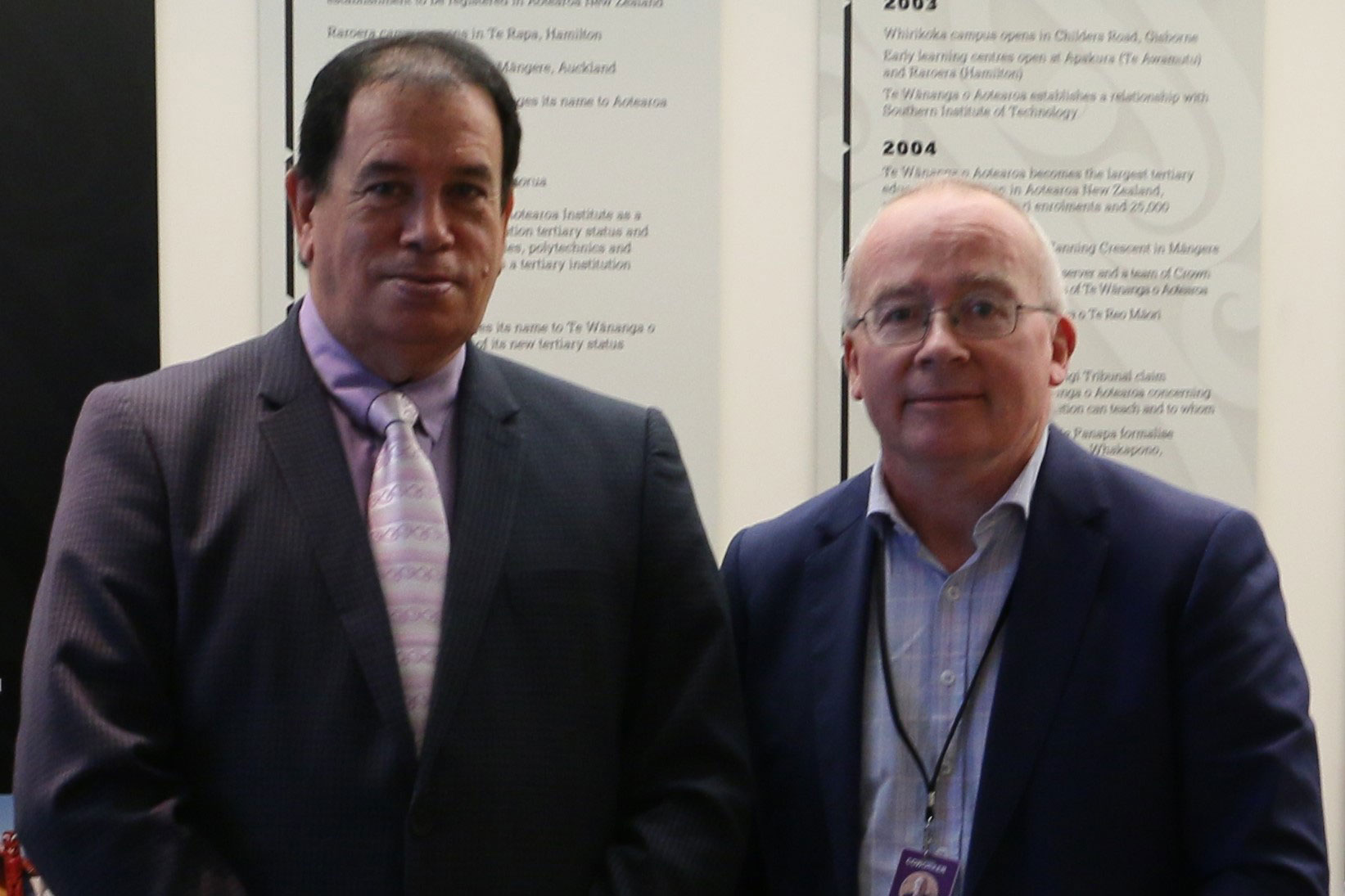 Te Wānanga o Aotearoa acting chief executive Nepia Winiata and Te Pūkenga chief executive Stephen Town following the signing of the memorandum of understanding