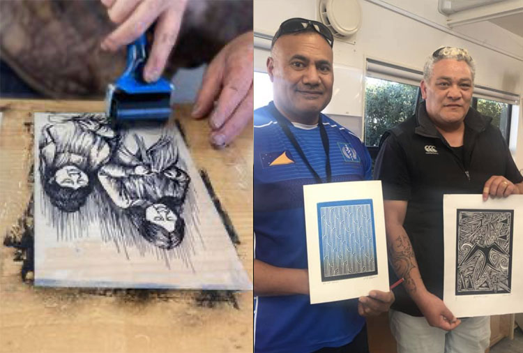 Jack Kirifi ( Porirua)  and Sid Thompson( Ōpōtiki) print swap at our Rauangi Printmaking training.